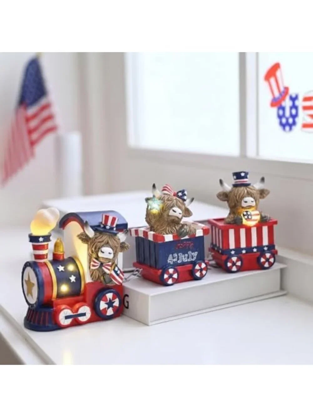 Patriotic 4th of July Highland Cow Train Decor - LED Lighted Home Decorations
